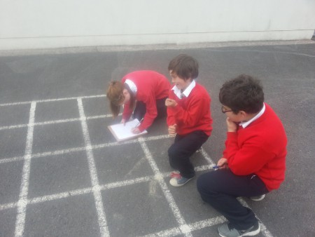 Lorna, Jamie and Evan find a pattern on our Maths Trail!